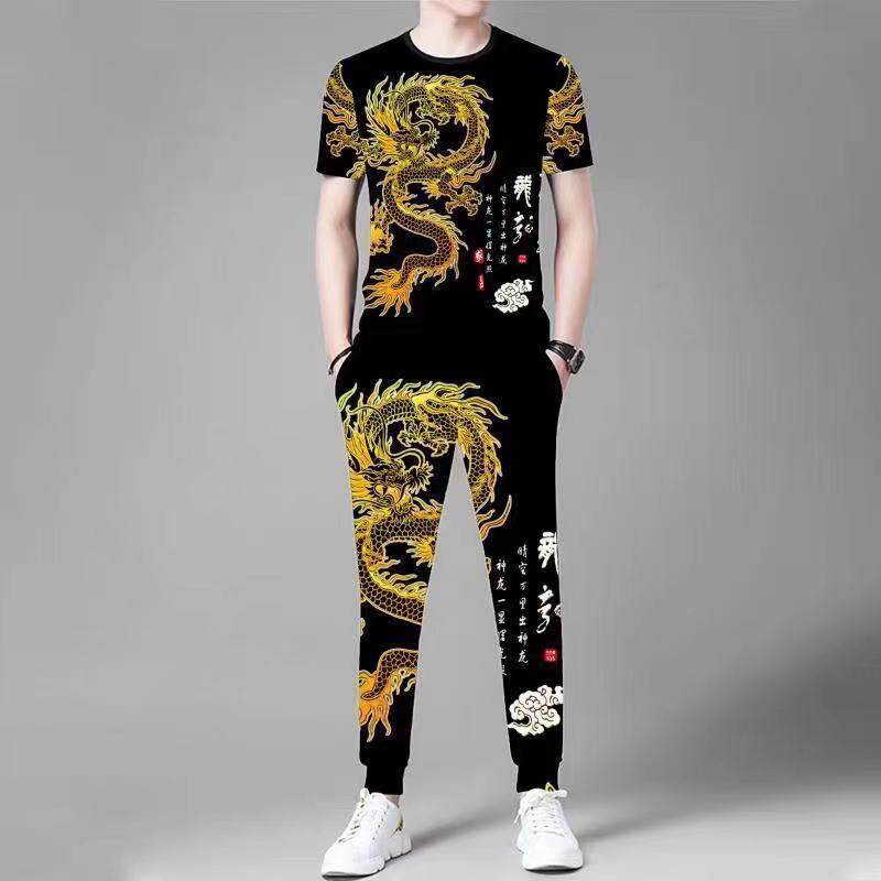 유럽 ??정장 여름 중년 남성 티셔츠 아이스 실크 반팔 얇은 프린트 바지 남성 패션 트렌드 투피스 세트