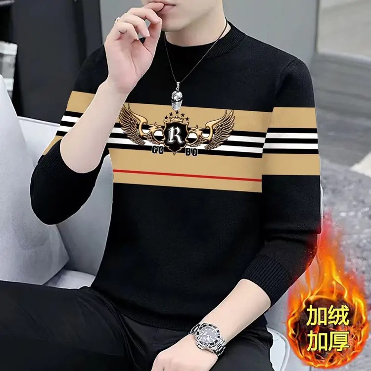 秋季百搭潮男士长袖加绒保暖上衣秋冬潮牌时尚休闲圆领轻奢男士