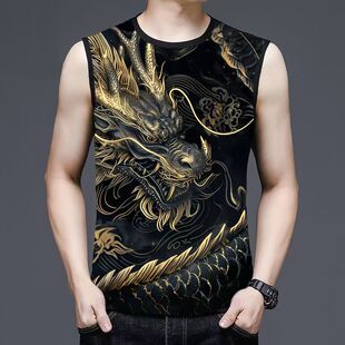 2025年夏季男士新款无袖坎肩背心国潮龙图案休闲运动薄款背心男装