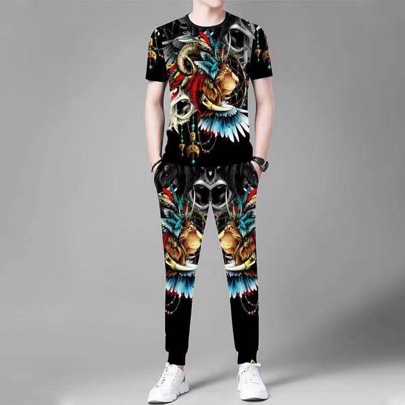 유럽 ??정장 여름 중년 남성 티셔츠 아이스 실크 반팔 얇은 프린트 바지 남성 패션 트렌드 투피스 세트