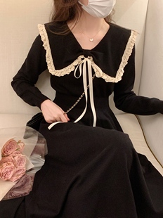 游小姿女装【甜杏奶咖】秋冬小个子娃娃领蝴蝶结高腰针织连衣裙女