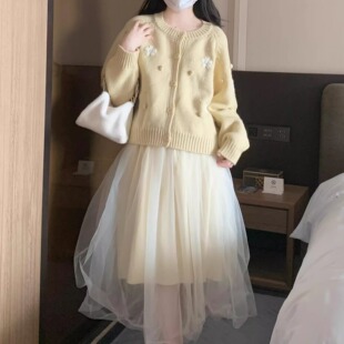 游小姿【奶黄包】刺绣温柔开衫毛衣甜美少女峰仙气飘飘仙女裙子
