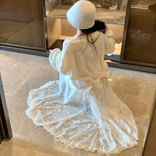 游小姿【云泡泡】温柔风背后蝴蝶结绑带泡泡袖毛衣蝴蝶雪纺半裙