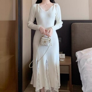 游小姿【鱼姬】秋季百搭温柔鱼尾摆蕾丝露肩针织裙甜妹遮肉显瘦裙