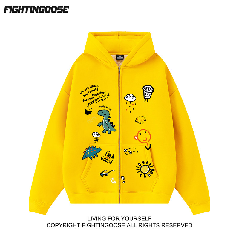 闪电大鹅潮流卡通400g摇粒绒休闲连帽宽松加厚情侣外套拉链棉衣