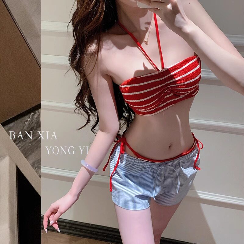复古红色条纹性感辣妹分体高级感简约三件套比基尼温泉度假泳衣女