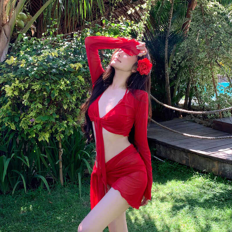 AYSTUDIO泳衣女比基尼四件套红色性感纯欲显白辣妹泡温泉度假长袖