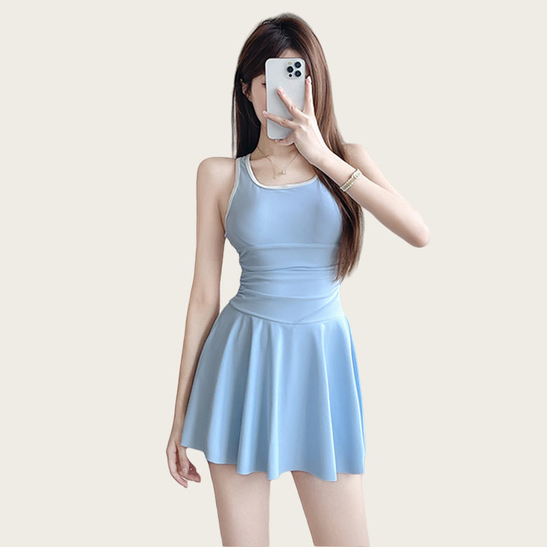 Girl泳衣女夏连体平角裙式小个子学生学游泳显瘦遮肚保守学泳衣