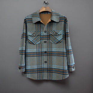 秋冬双面呢长袖女士外套衬衫宽松直筒格子上衣