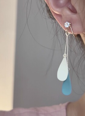 夏天气质优雅度假风森系小众独特设计蓝色羽毛耳线耳饰无耳洞耳夹