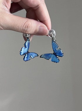 2025年新款y2k复古千禧年辣妹风蓝色蝴蝶流苏无耳洞汉服搭配耳夹