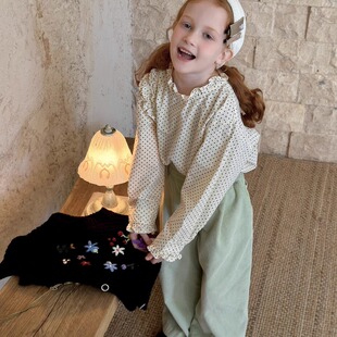 花样衣家女童中大童秋季新款韩系小众百搭波点木耳边长袖上衣