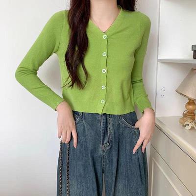 秋季长袖短款开衫外套上衣V领