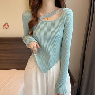 法式不规则纯欲针织打底衫女春秋内搭设计感小众别致短款锁骨上衣