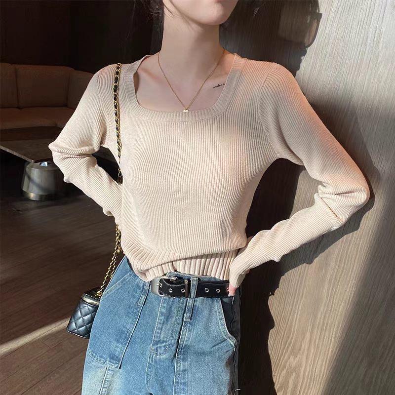 韩版方领修身针织毛衣