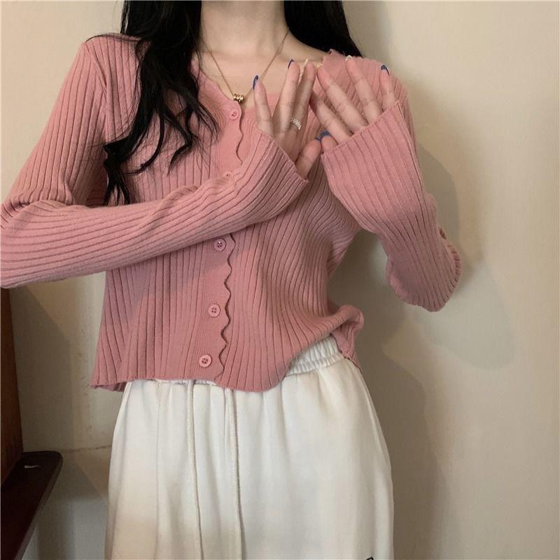 温柔风薄款V领长袖针织开衫女春秋新款外搭花边毛衣外套短款上衣
