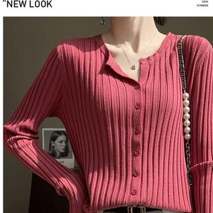 2024秋新款V领针织开衫外套女短款百搭坑条毛衣女宽松外穿长袖