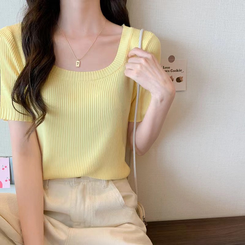 白色短袖女夏季方领短款上衣女设计感小众女装2024时尚潮针织上衣