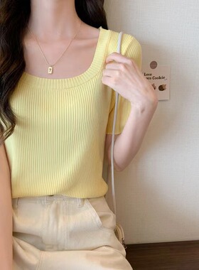 黄色短袖女夏季方领短款上衣女设计感小众女装2026时尚潮针织上衣