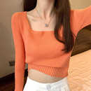 小个子超A显瘦百搭方领外穿春秋毛衣女高腰短款 针织上衣 内搭薄款