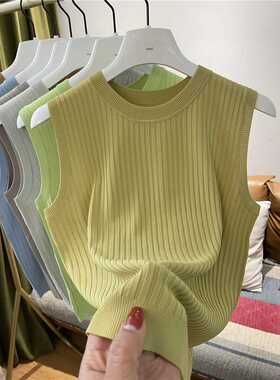 无袖针织吊带女百搭冰丝春夏季薄款纯欲慵懒白色工字背心上衣