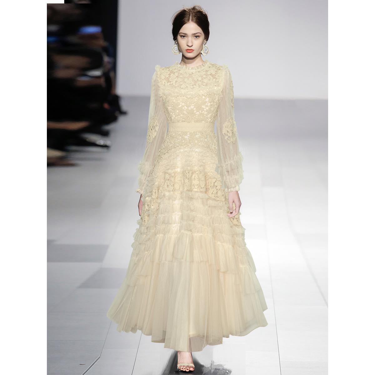 Design Fashion秋季女装高腰显瘦网纱荷叶边大摆长款礼服连衣裙