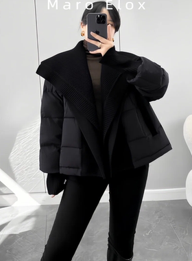 Maro Elox羊毛拼接大翻领短款黑色鹅绒服女冬季宽松白鹅绒外套