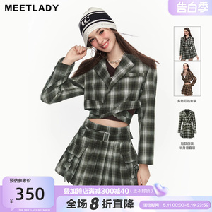 MEETLADY春季新品露腰格纹短外套女小香风西装半裙两件套装女辣妹