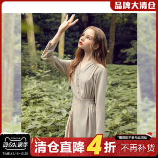 单排扣高腰长袖 米莱达V领中长裙春秋新款 连衣裙女 寻迹东方