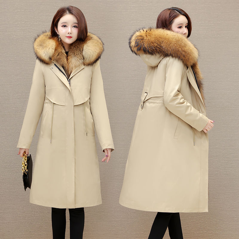 马年新款派克服女冬季连帽可拆卸内胆皮毛一体长款仿皮草外套大衣