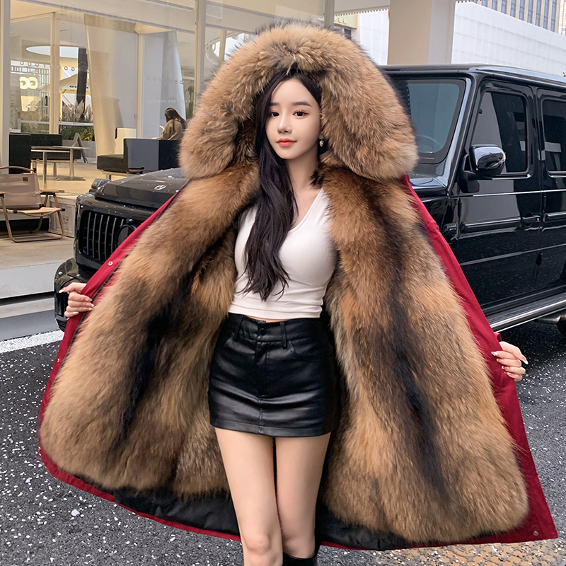 派克服女2025新款冬季连帽可拆卸内胆皮毛一体长款仿皮草外套大衣