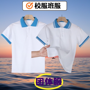 儿童小学生白色浅蓝领夏季校服T恤男女初高中班服团体服POLO上衣