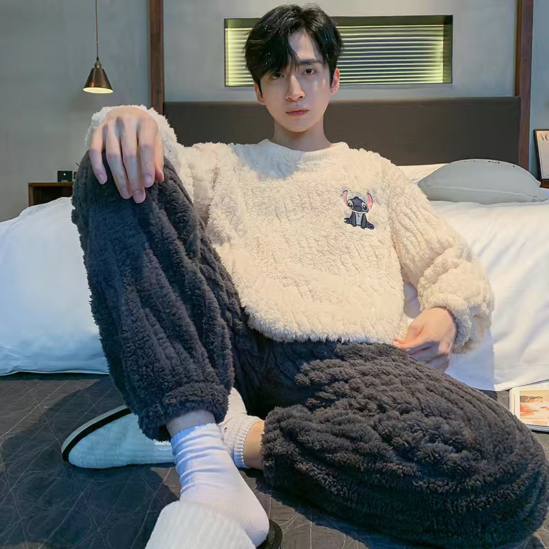 冬季男士珊瑚绒加厚加绒睡衣套装