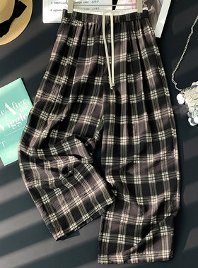 复古格子裤女夏季薄款格纹裤子显瘦阔腿直筒棉麻休闲裤~清仓捡漏