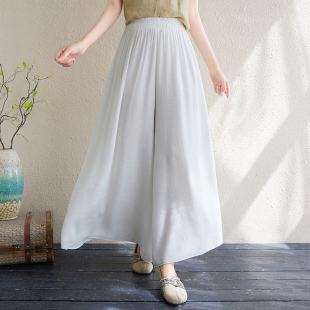 松紧腰飘逸白色棉麻双层裤裙女士夏轻薄透气苎麻阔腿裤~清仓福利