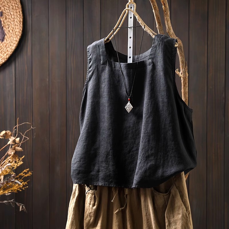 复古风黑色亚麻背心夏天轻薄棉麻打底上衣女士中式素衣~清仓特价