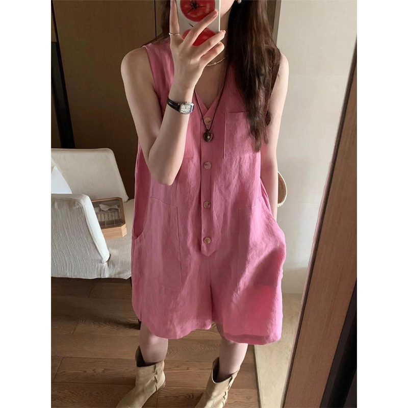 嫩粉色亚麻连体裤女2026夏季设计感单排扣V领无袖连衣裤阔腿短裤图片