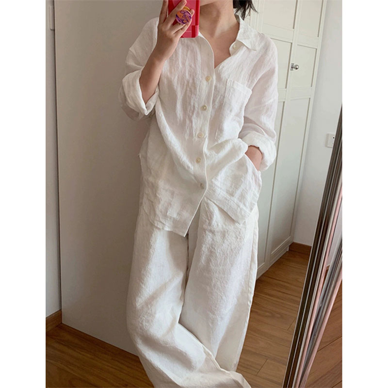 亚麻棉麻白衬衫裤子套装女