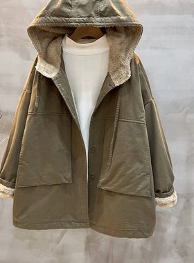 捡漏工装棉服女2025新款羊羔毛冬季加绒大码宽松港风加厚棉衣外套