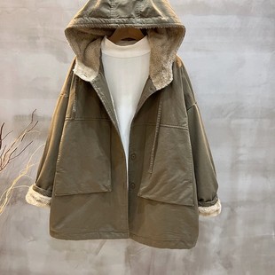 捡漏工装棉服女2025新款羊羔毛冬季加绒大码宽松港风加厚棉衣外套