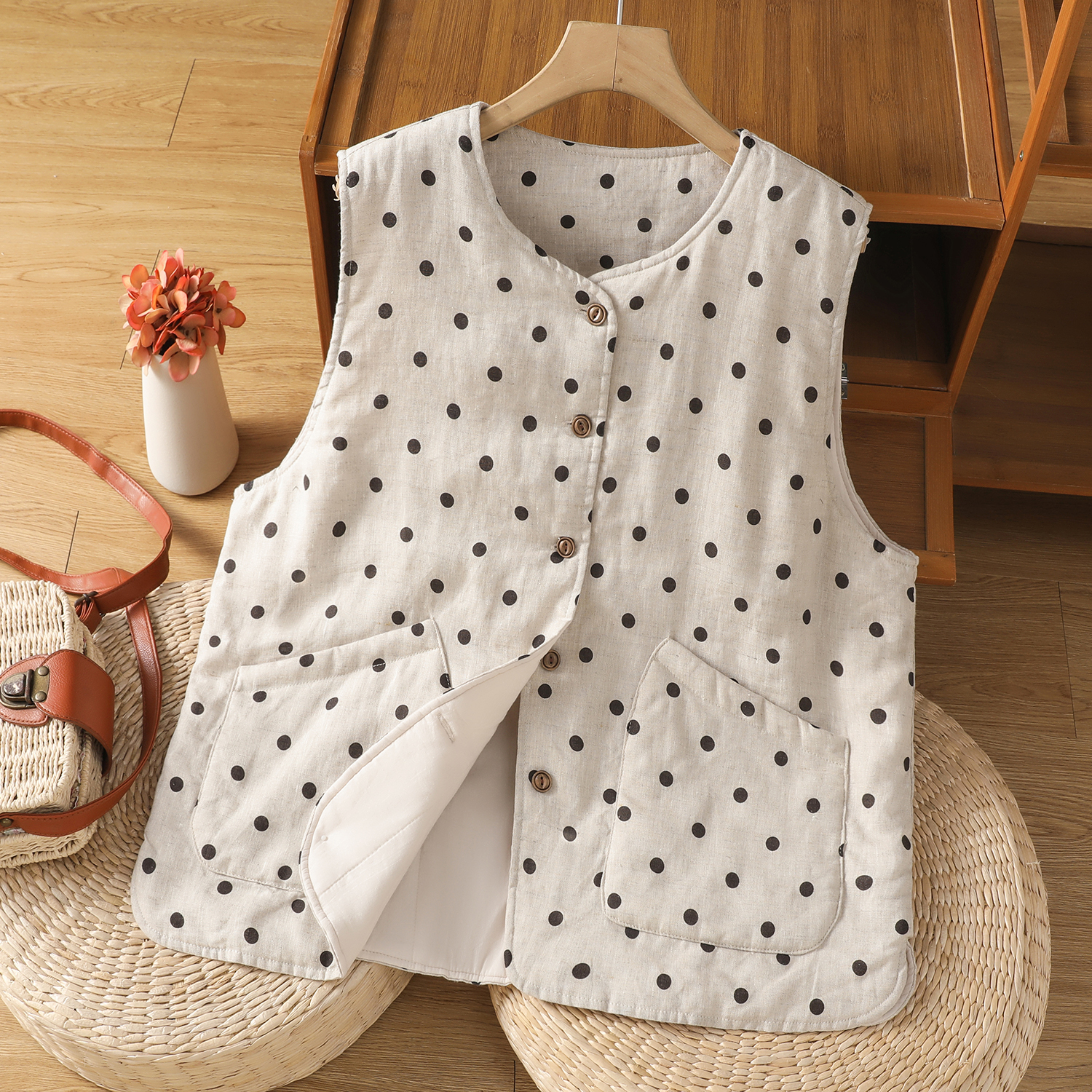 秋冬款波点棉麻棉服无袖夹棉保暖马甲女复古棉袄短外套~清仓折扣