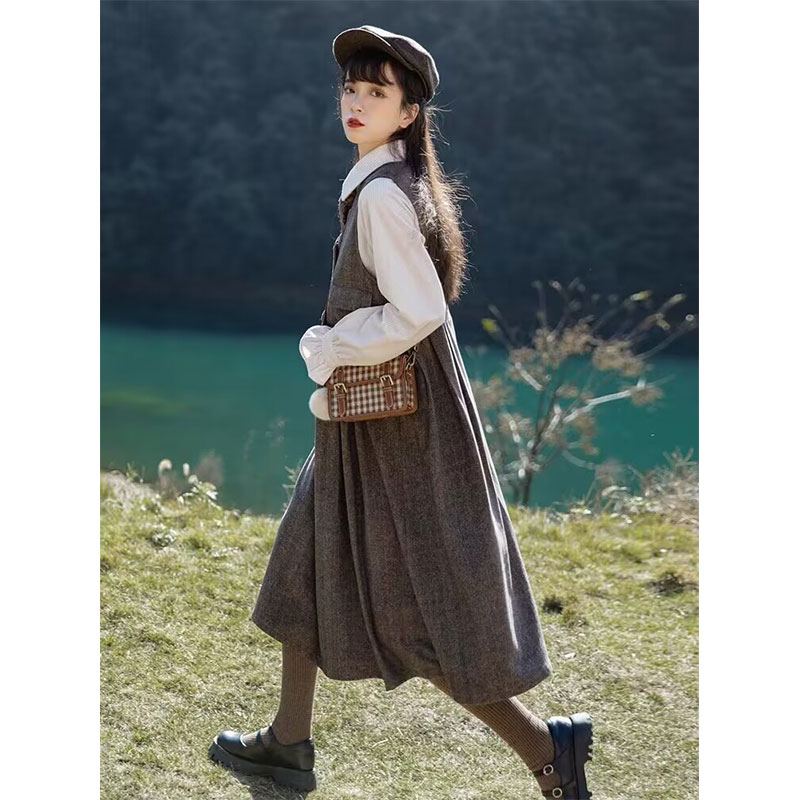 秋冬学院风羊毛背心裙a字中长款毛呢连衣裙复古背带裙女~清仓福利