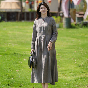 秋季色织亚麻条纹立领绑带气质连衣裙女长袖收腰长款裙~尾单