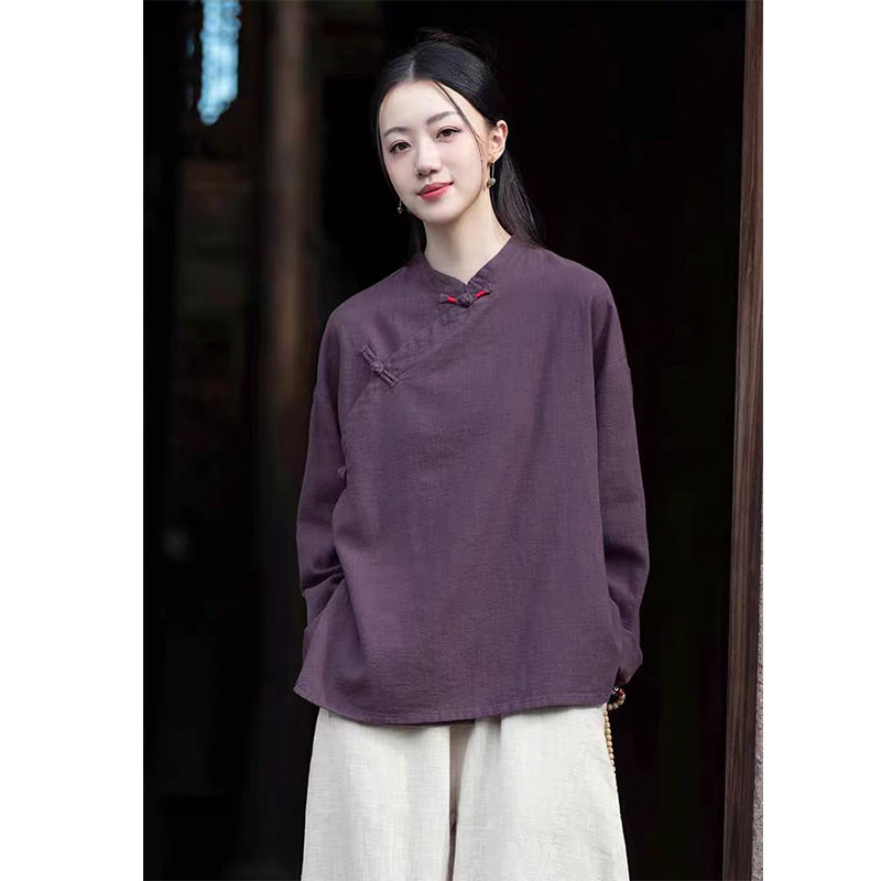 棉麻佛系禅意素衣女长袖秋季中式斜襟上衣寺院修行禅服~清仓撤柜