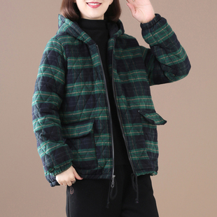 清仓女装 妈妈棉袄宽松休闲格子外套夹棉棉衣上衣女 棉麻大码 冬季