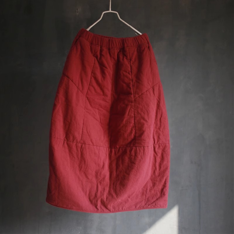 文艺复古夹棉半身裙女秋冬季松紧腰休闲加厚保暖棉裙子~清仓现货