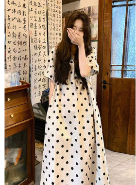 泡泡袖波点棉麻连衣裙夏季胖妹妹