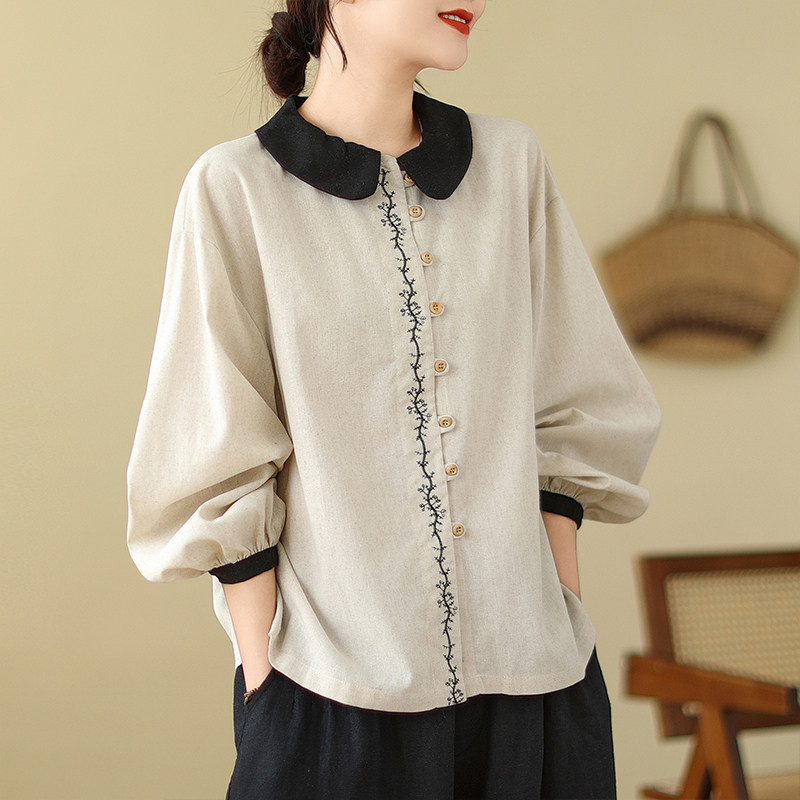 娃娃领撞色单排扣刺绣棉麻长袖衬衫中年女士减龄衬衣春~清仓折扣