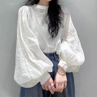 白色棉麻衬衫女2026新款苎麻小众洋气泡泡长袖上衣亚麻灯笼袖衬衣