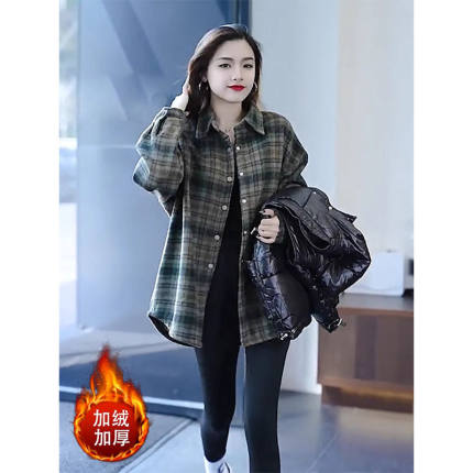 磨毛毛呢加绒加厚格子衬衫女秋冬外穿宽松保暖衬衣外套~清仓特价